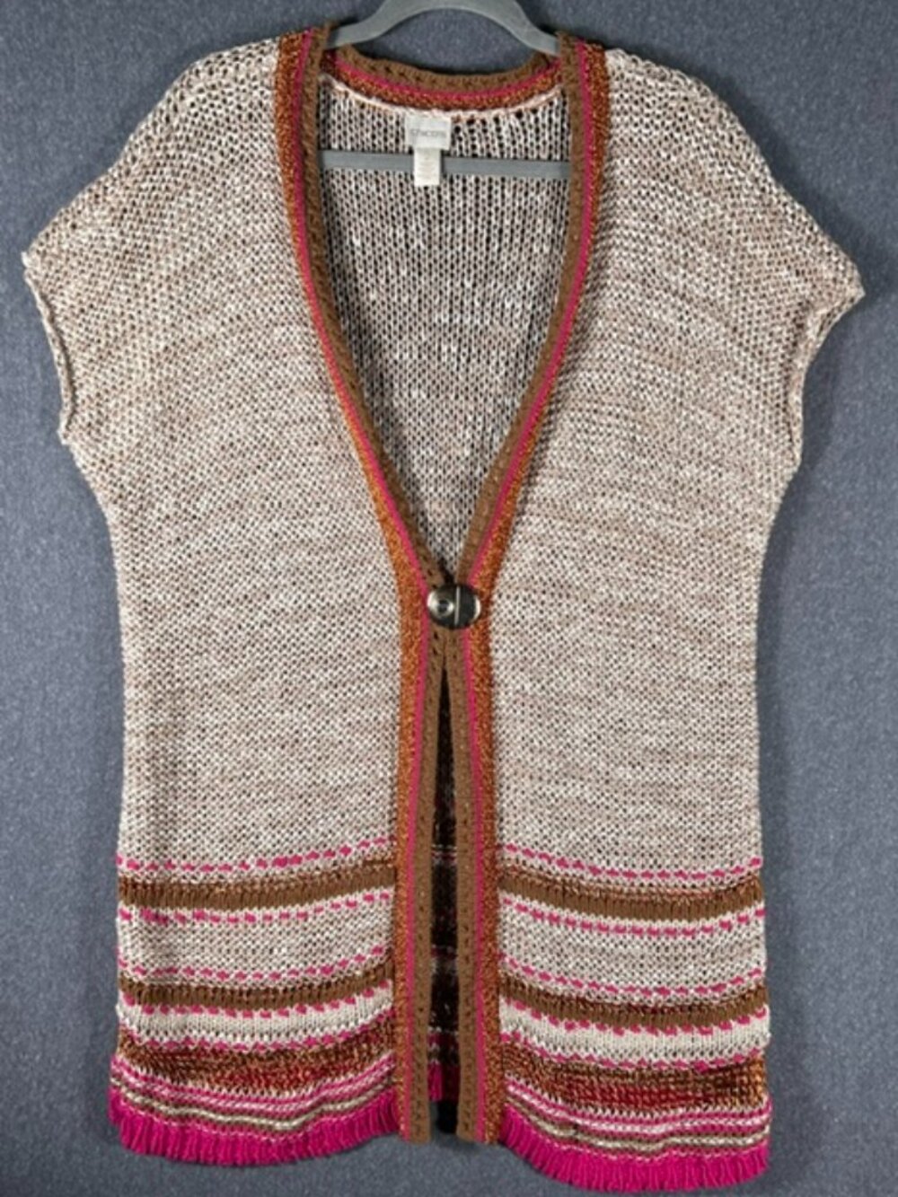 Chico's Knit Cardigan Womens Sz 2 Lg (US 12) Color Pop Pattern Button Up Sweater